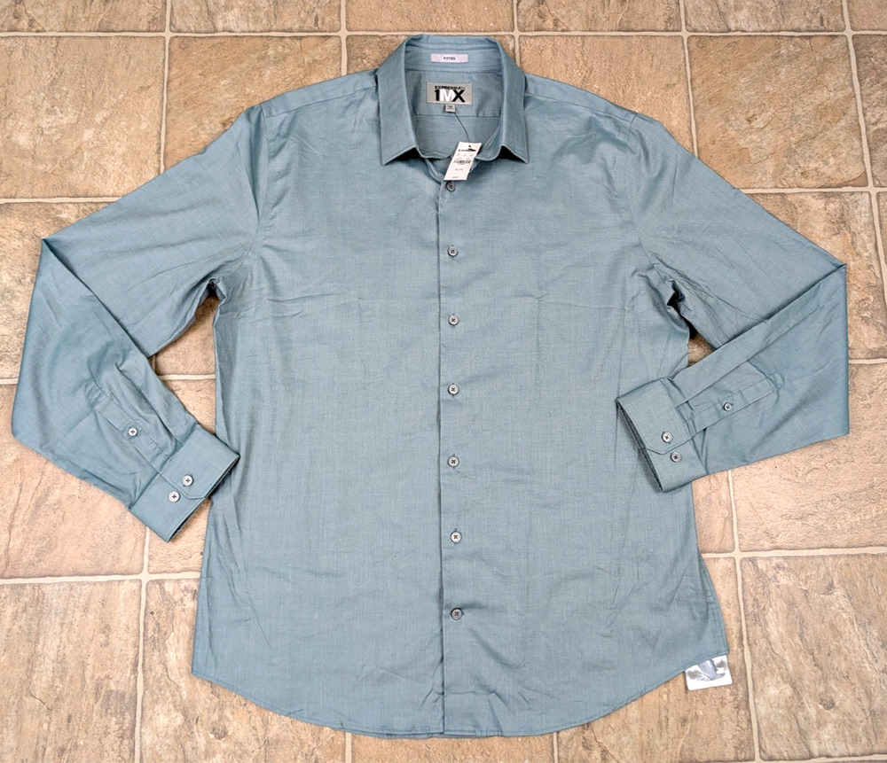 Express 1MX Fitted Shirt sz XL 17-17 1/2" blue green buttons ls stretchy 2242